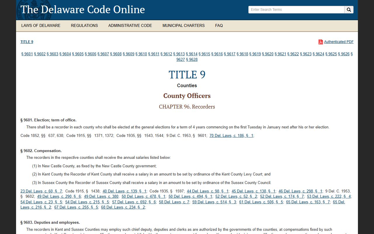 Delaware Code Title 9 Chapter 96 recorder statute