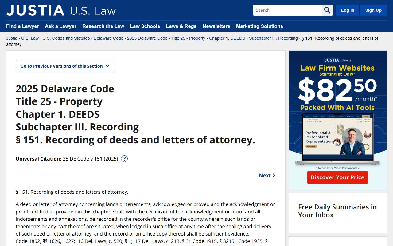 Delaware Title 25 Section 151 recording statute