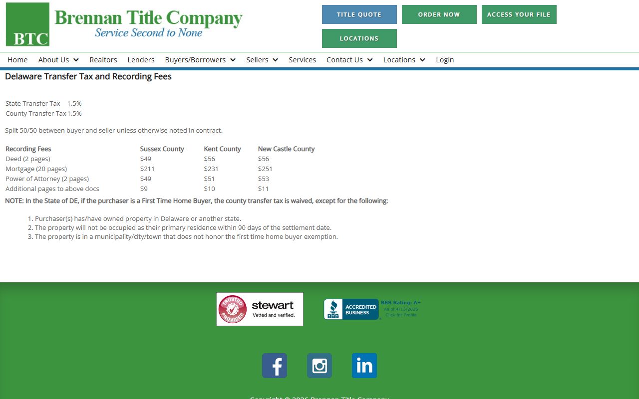 Delaware transfer tax and recording fees schedule